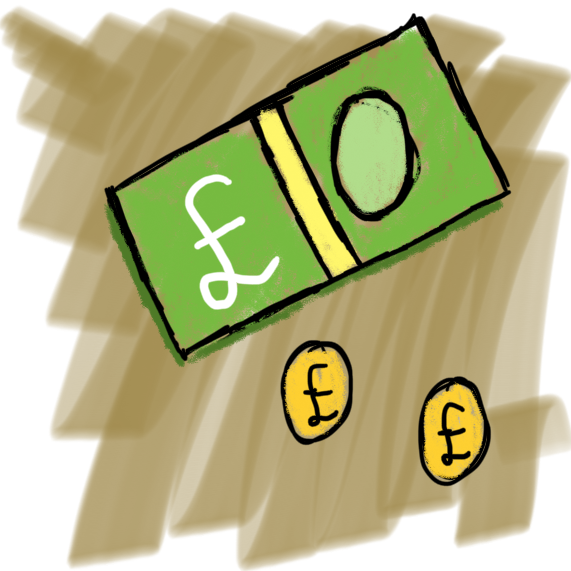 a bank note and some coins