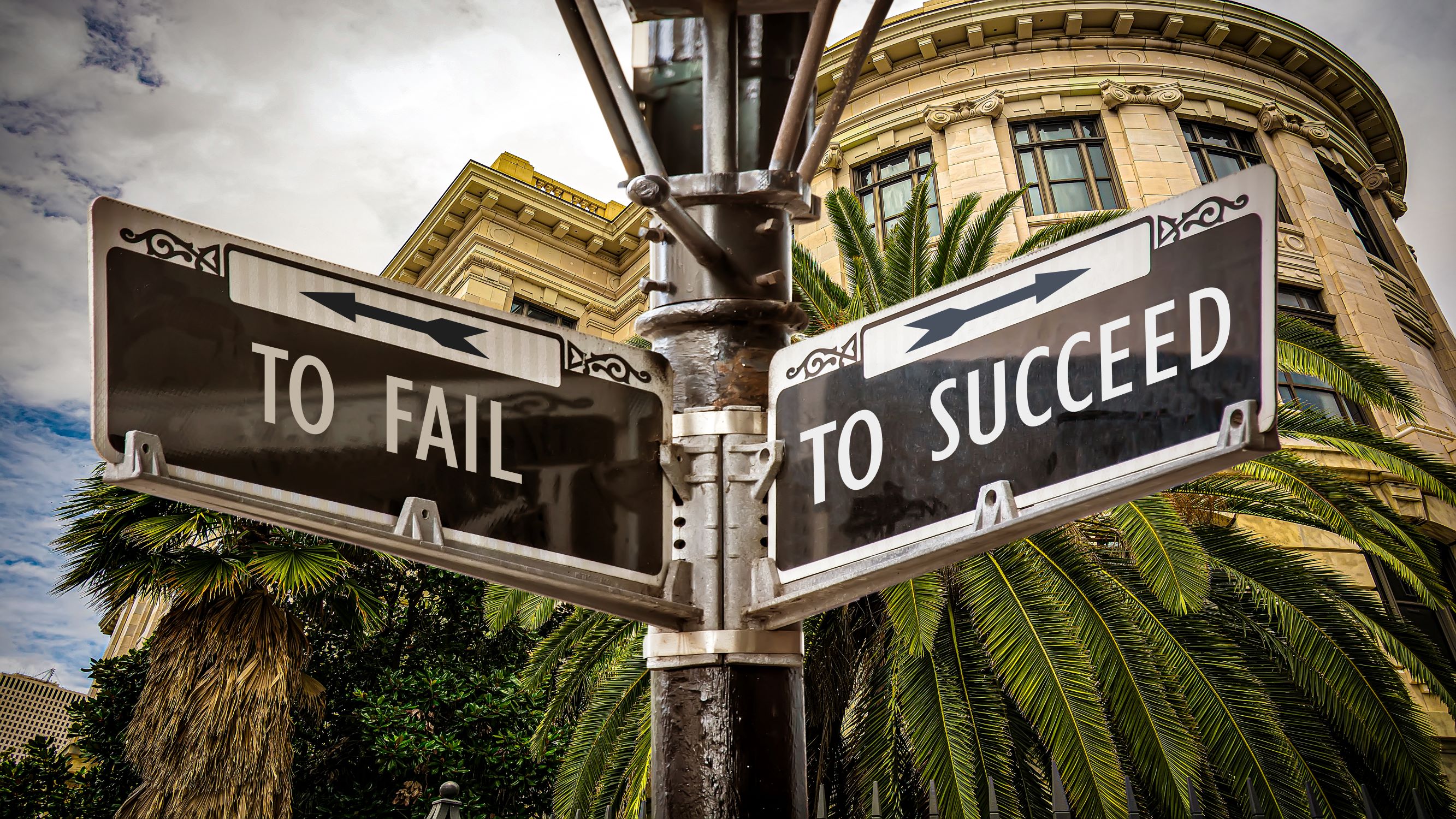 Street signs pointing in opposite directions: one says "To Fail," the other "To Succeed".