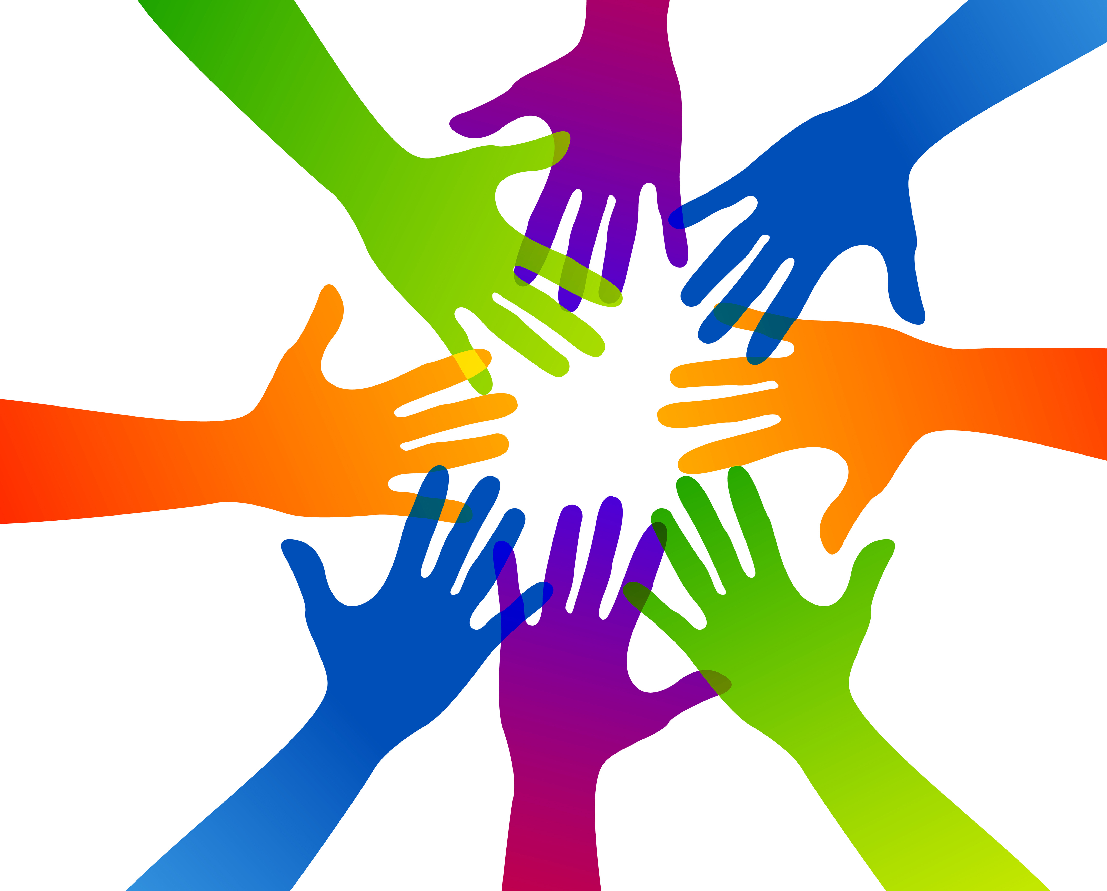 acht farbige Hände, von acht Seiten ins Bild gestreckt, die sich in der Mitte berühren