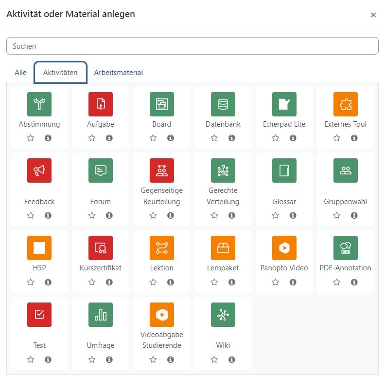 campUAS-Menü "Aktivität oder Material anlegen"