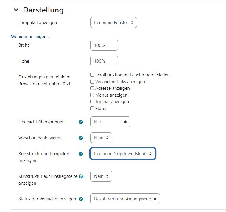Menü für die Darstellungseinstellungen
