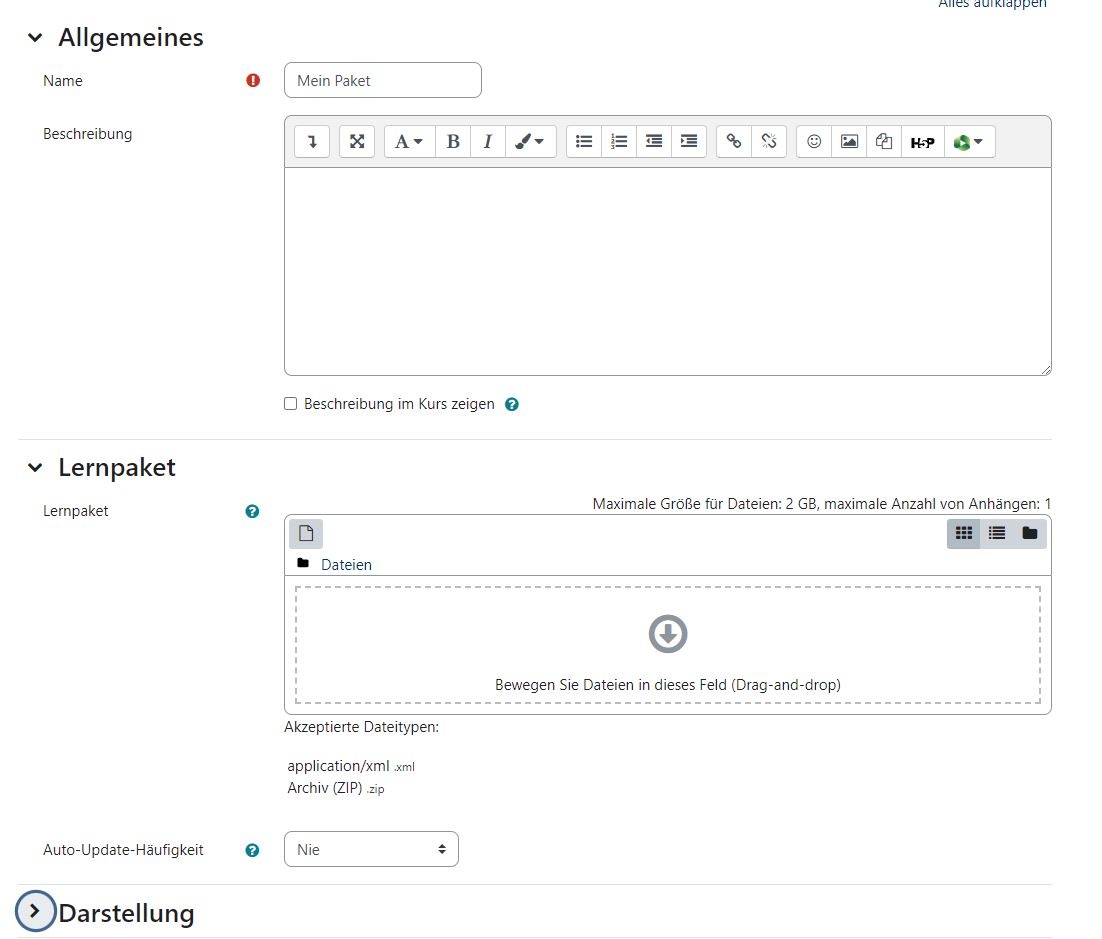 Menü für die Bearbeitung vom Lernpaket